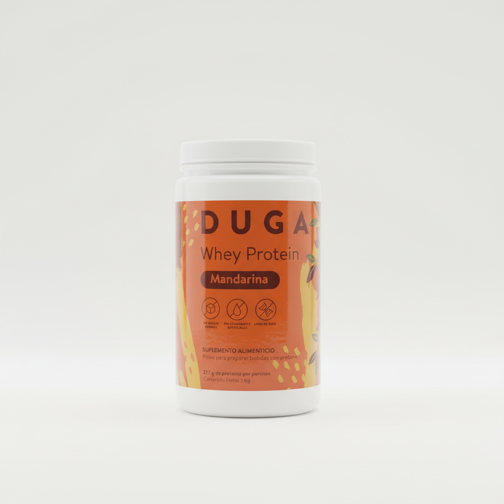 Envase de proteína DUGA Mandarina de 1 kg sobre fondo blanco