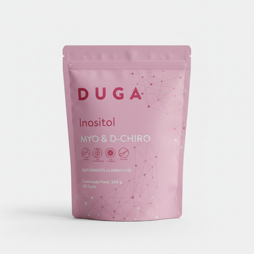 Empaque de DUGA Inositol MYO & D-CHIRO de 240 g sobre fondo blanco
