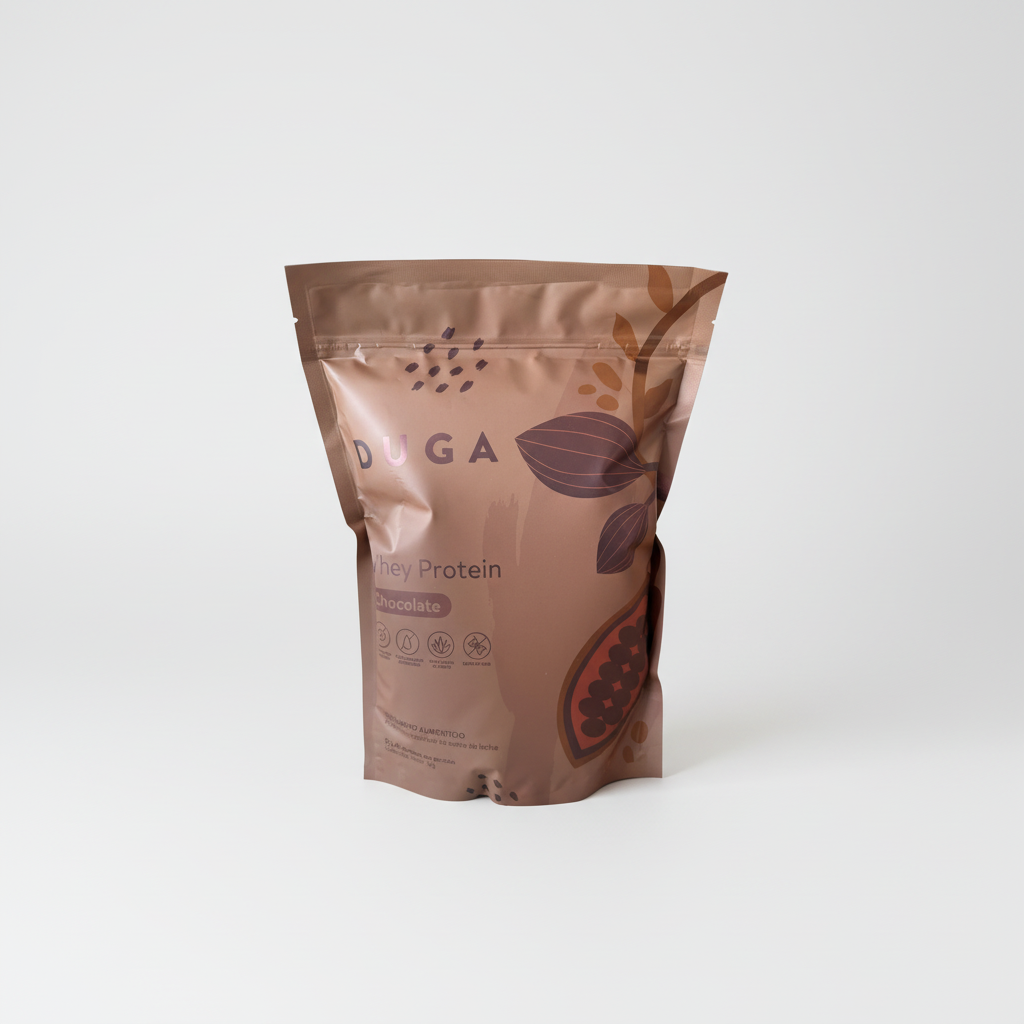 Empaque de Proteína DUGA Chocolate de 1 kg sobre fondo blanco