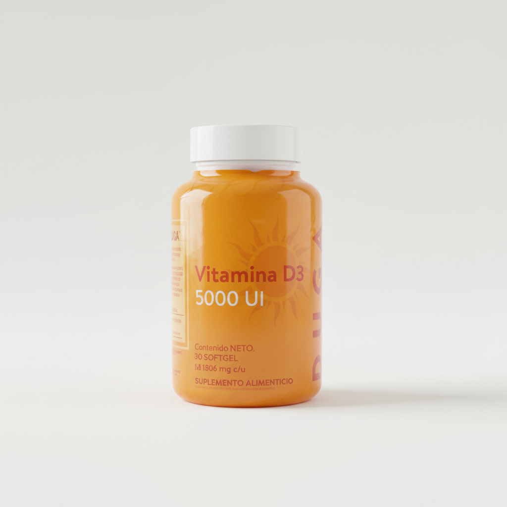 Frasco de Vitamina D3 DUGA 5000 UI sobre fondo blanco