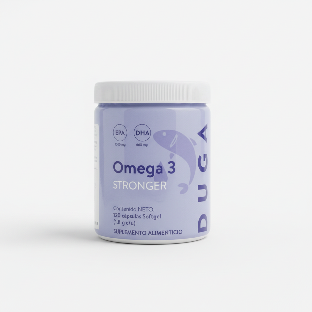 Frasco de Omega 3 Stronger DUGA sobre fondo blanco