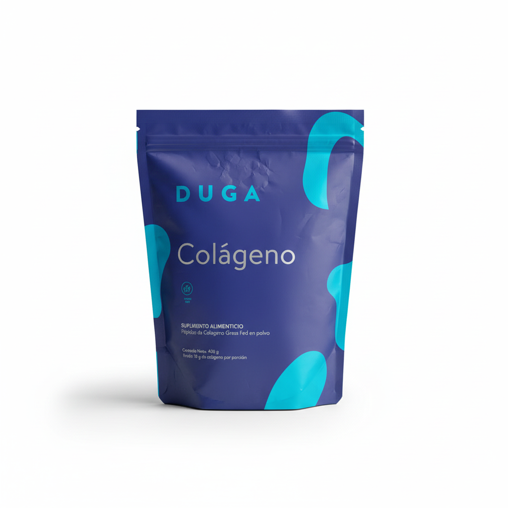 Empaque azul de Colágeno Natural DUGA de 450 g sobre fondo blanco