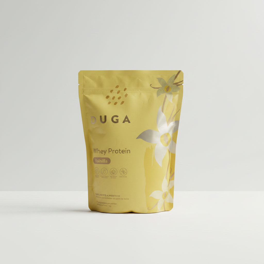 Empaque de Proteína DUGA Vainilla de 1 kg sobre fondo blanco