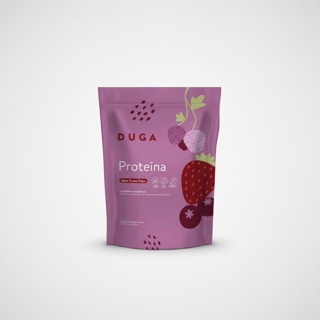 Empaque de Proteína DUGA Frutos Rojos de 1 kg sobre fondo blanco