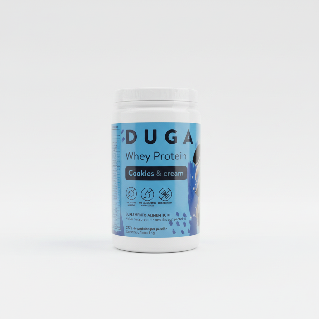 Envase de proteína DUGA Cookies & Cream de 1 kg sobre fondo blanco