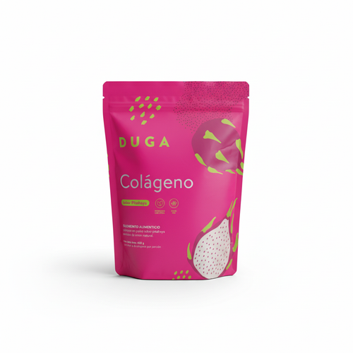 Empaque de Colágeno DUGA sabor Pitahaya de 450 g sobre fondo blanco