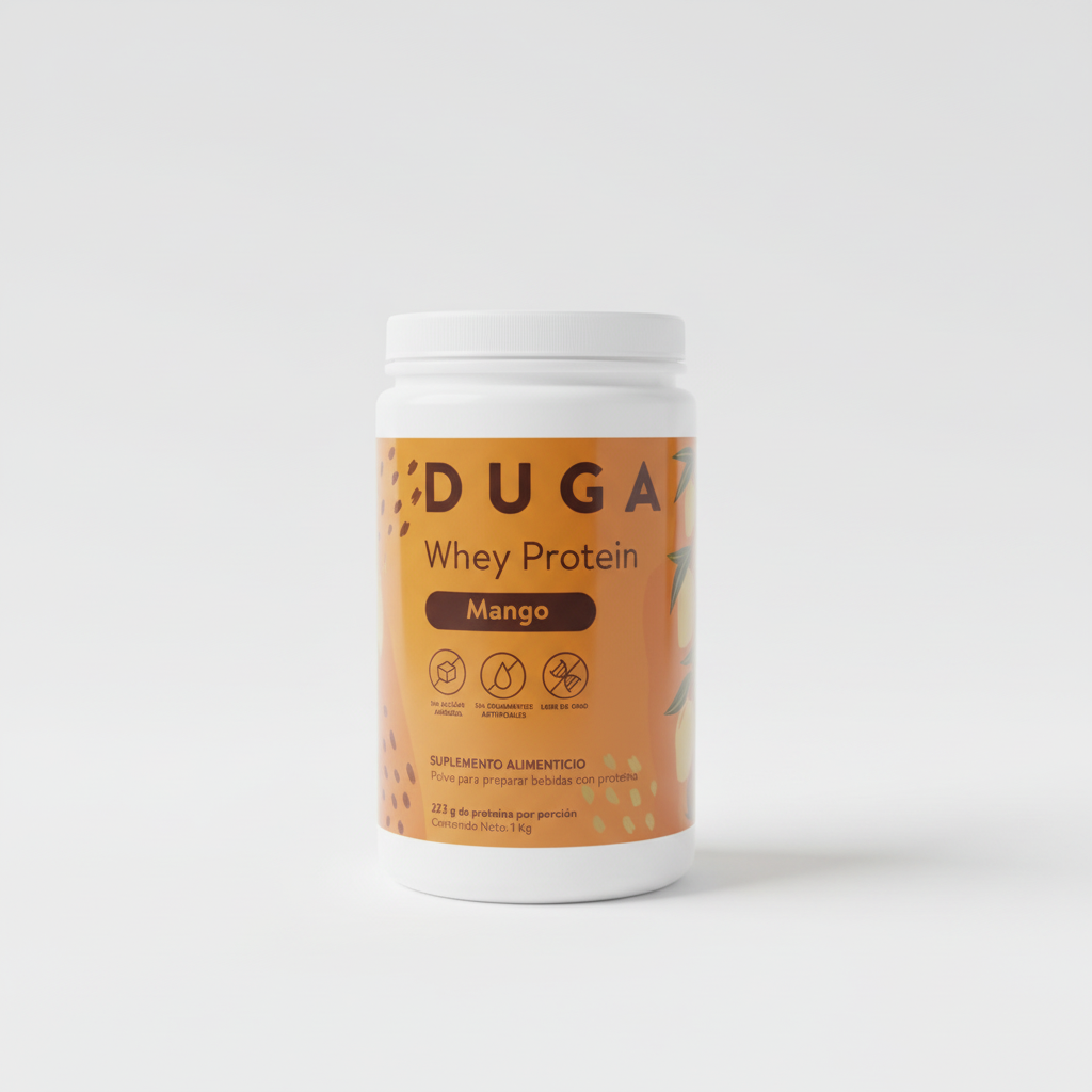 Envase de proteína DUGA Mango de 1 kg sobre fondo blanco